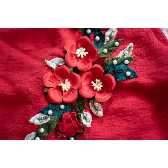 Vintage Mod Mini Dress Barkcloth 70s Sleeveless Red Floral Applique XS Party - Picture 4 of 10